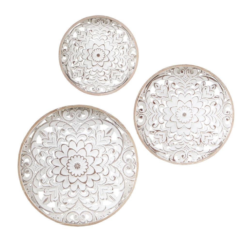 Medallion Trio Distressed White Floral 3-piece Carved Wood Wall Decor Set - Natural/White