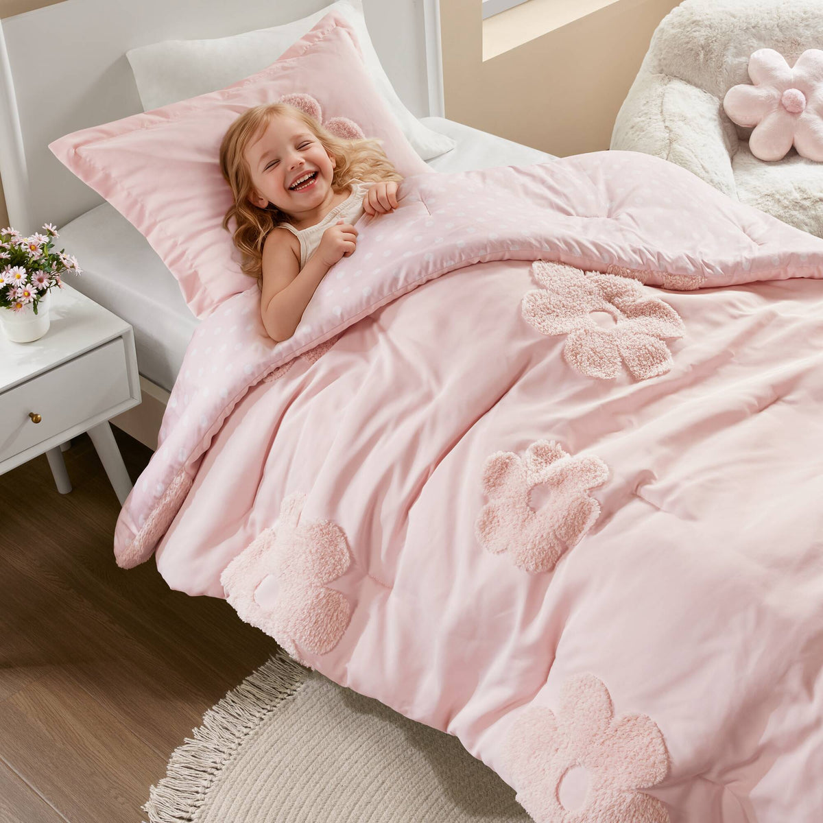 Gracie Floral Reversible Tufted Chenille Comforter Set with Flower Throw Pillow - Pink