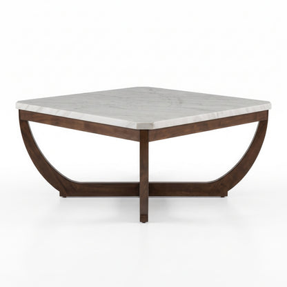 Calvedra Curve Marble-Look Coffee Table with Curved Walnut Wood Legs - White Marble/Walnut