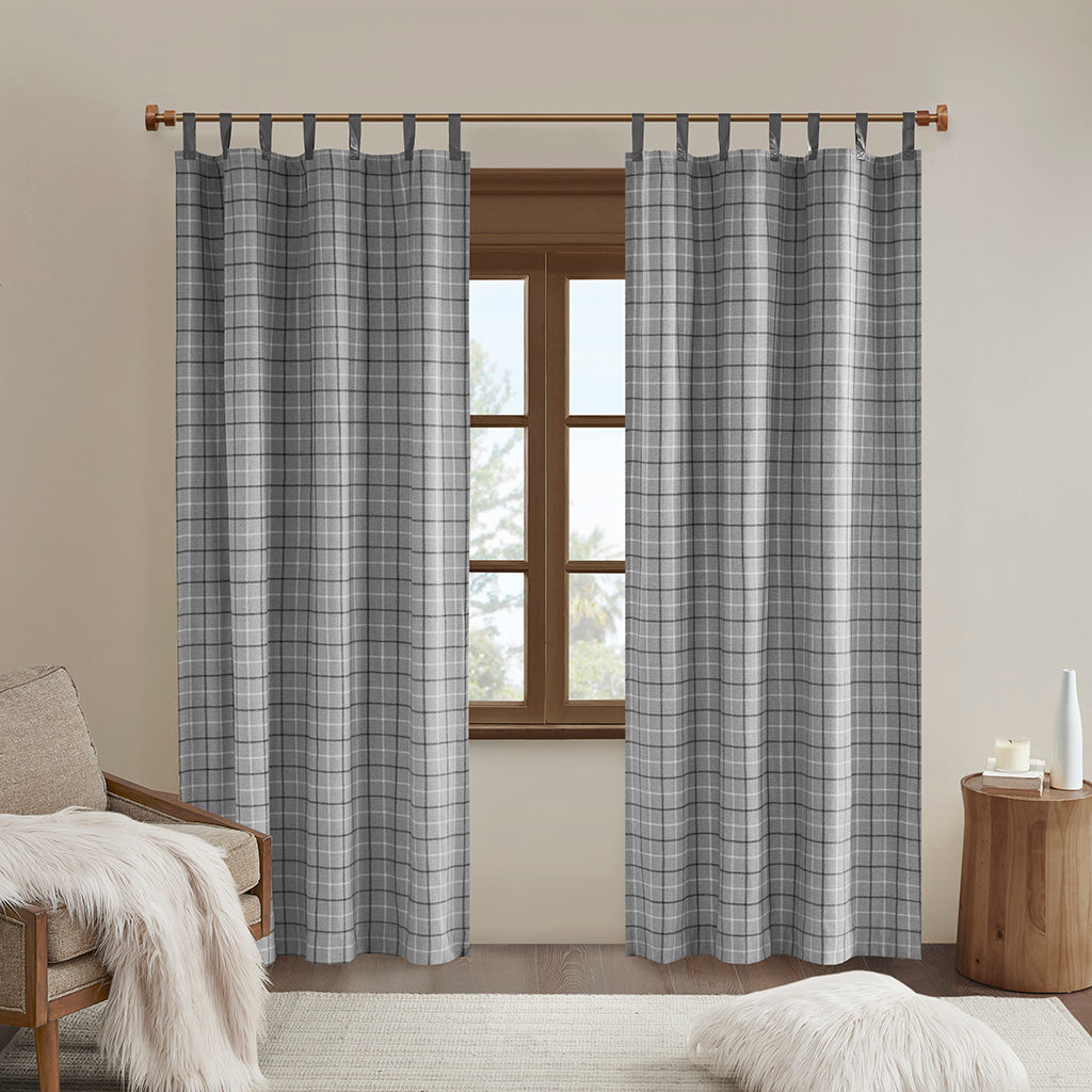 Anaheim Plaid Faux Leather Tab Top Curtain Panel with Fleece Lining - Grey