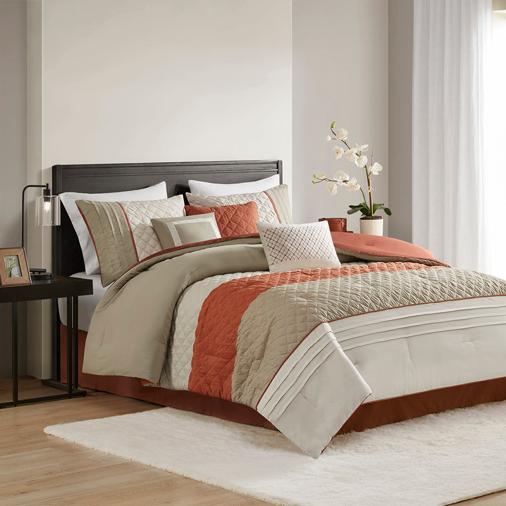 Jenson 7 Piece Color Block Stripe Comforter Set with Throw Pillows - Spice