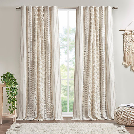 Imani Cotton Printed Curtain Panel with Chenille Stripe and Lining - Ivory