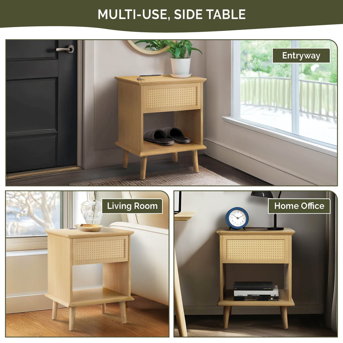 Teagan Rattan Side Table with Built-in Charging Station & LED Light - Natural