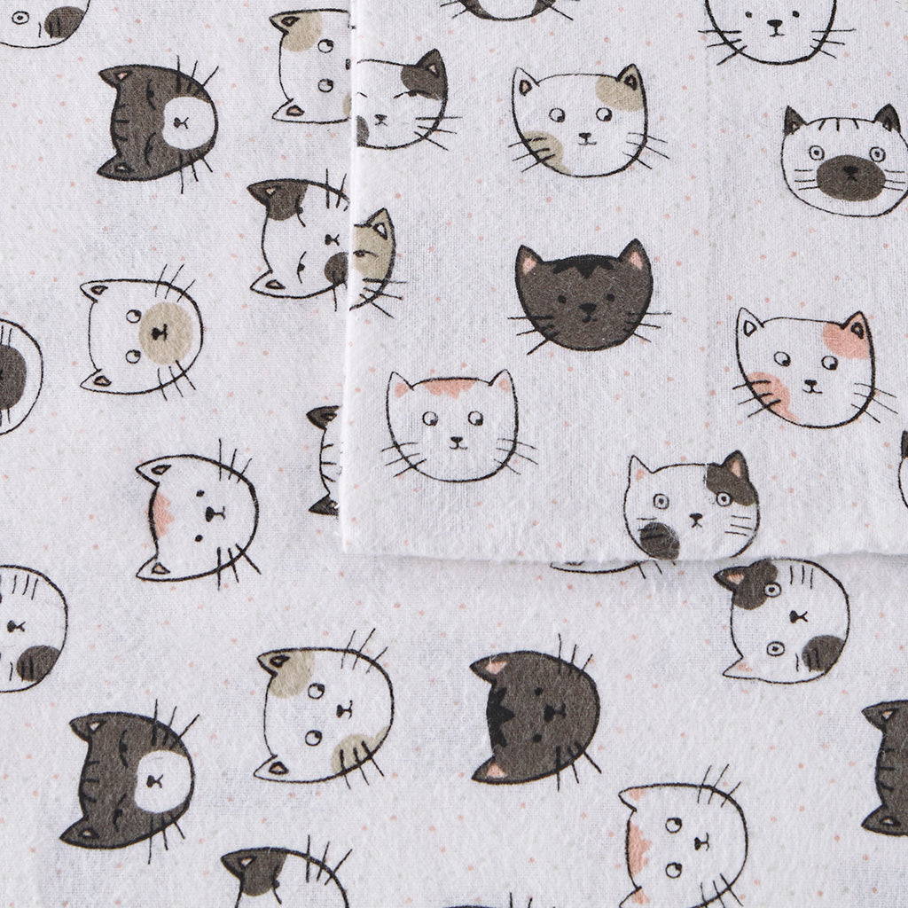 Cozy Soft Cotton Flannel Printed Sheet Set - Grey/Pink Cats