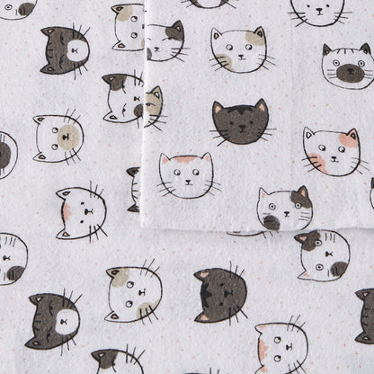 Cozy Soft Cotton Flannel Printed Sheet Set - Grey/Pink Cats