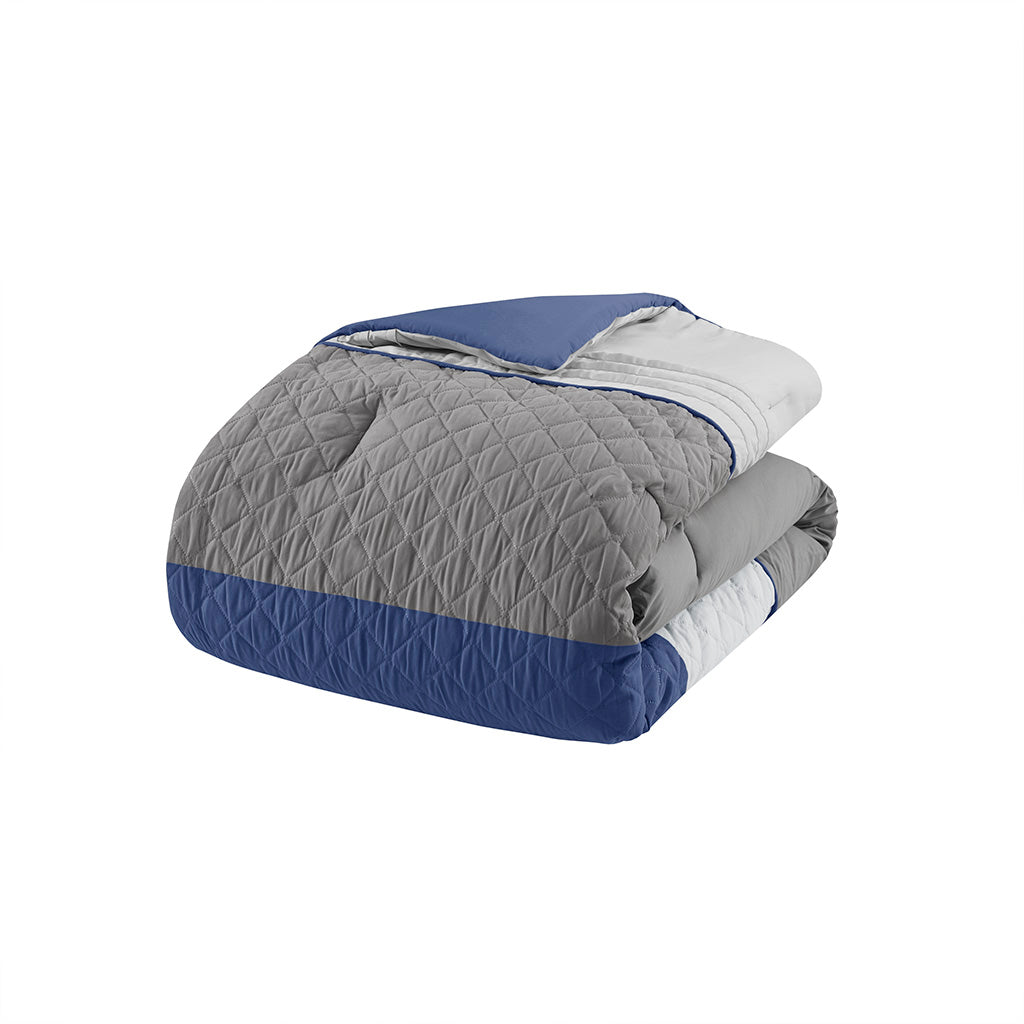 Jenson 7 Piece Color Block Stripe Comforter Set with Throw Pillows - Blue