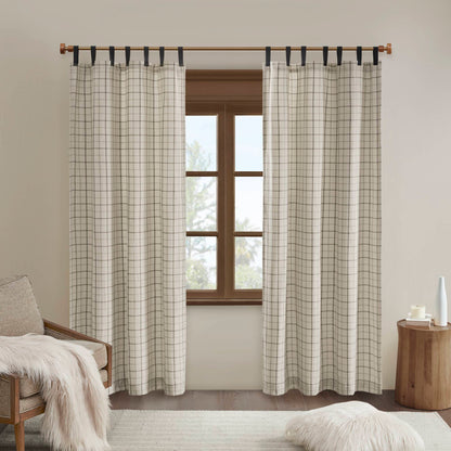 Anaheim Plaid Faux Leather Tab Top Curtain Panel with Fleece Lining - Natural