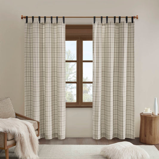 Anaheim Plaid Faux Leather Tab Top Curtain Panel with Fleece Lining - Natural