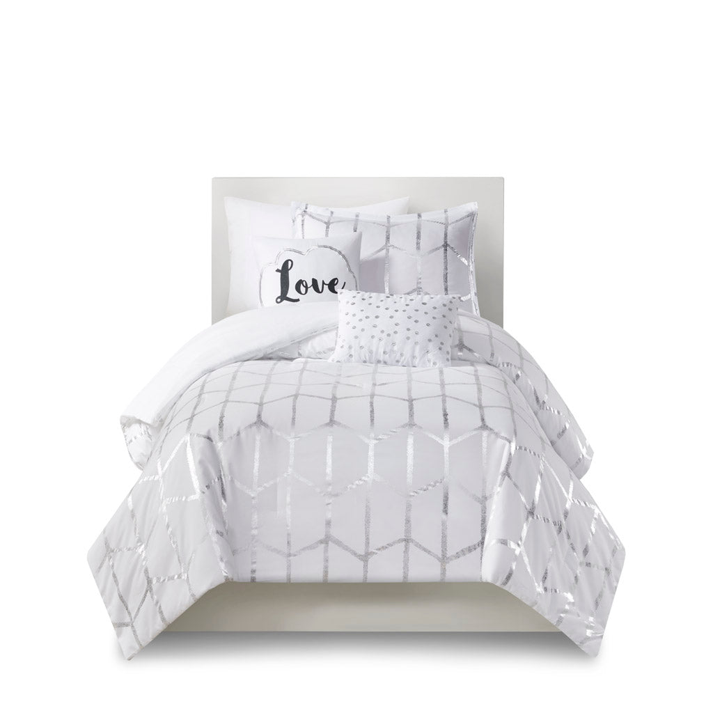 Raina Metallic Printed Comforter Set - White/Silver