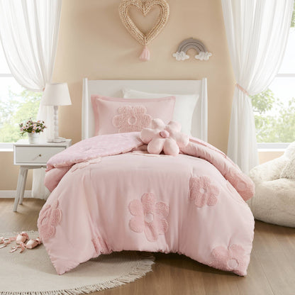 Gracie Floral Reversible Tufted Chenille Comforter Set with Flower Throw Pillow - Pink