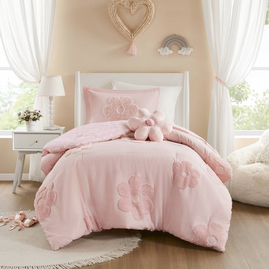 Gracie Floral Reversible Tufted Chenille Comforter Set with Flower Throw Pillow - Pink
