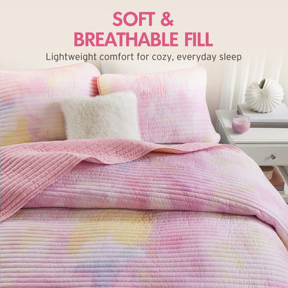 Cassiopeia Watercolor Tie Dye Printed Quilt Set with Throw Pillow - Pink