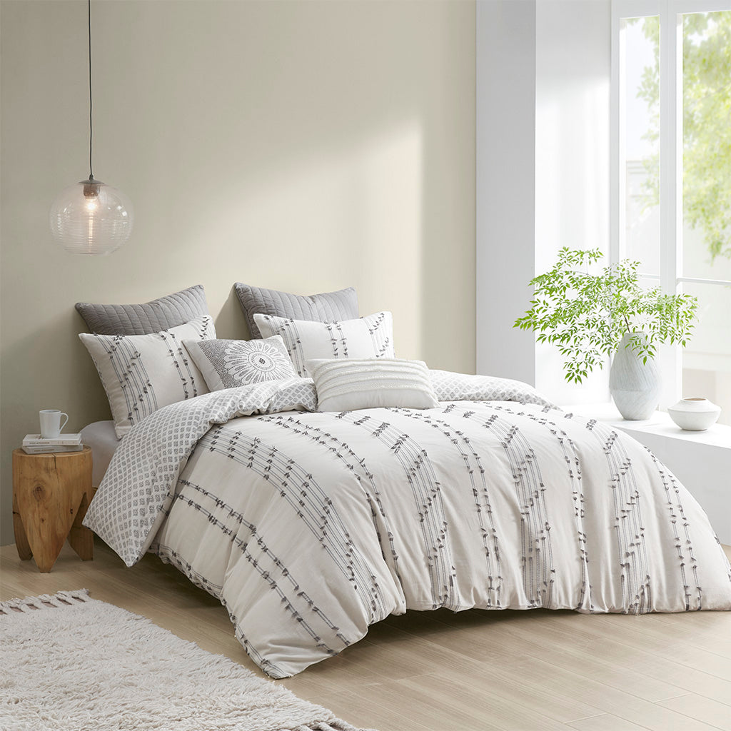 Kara 3 Piece Cotton Jacquard Duvet Cover Set - Ivory