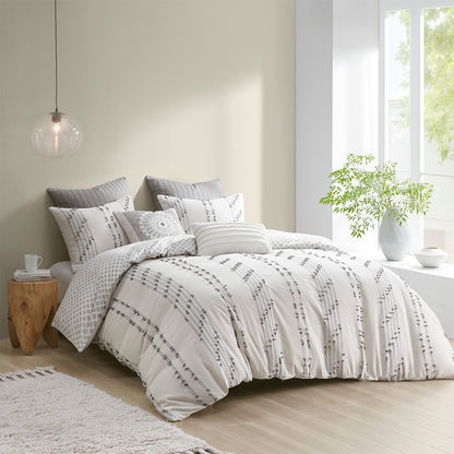 Kara 3 Piece Cotton Jacquard Duvet Cover Set - Ivory