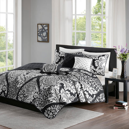Vienna 6 Piece Printed Cotton Quilt Set with Throw Pillows - Black