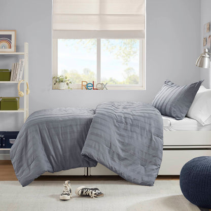 Logan Striped Reversible Pintuck Pleated Duvet Set - Blue/Grey