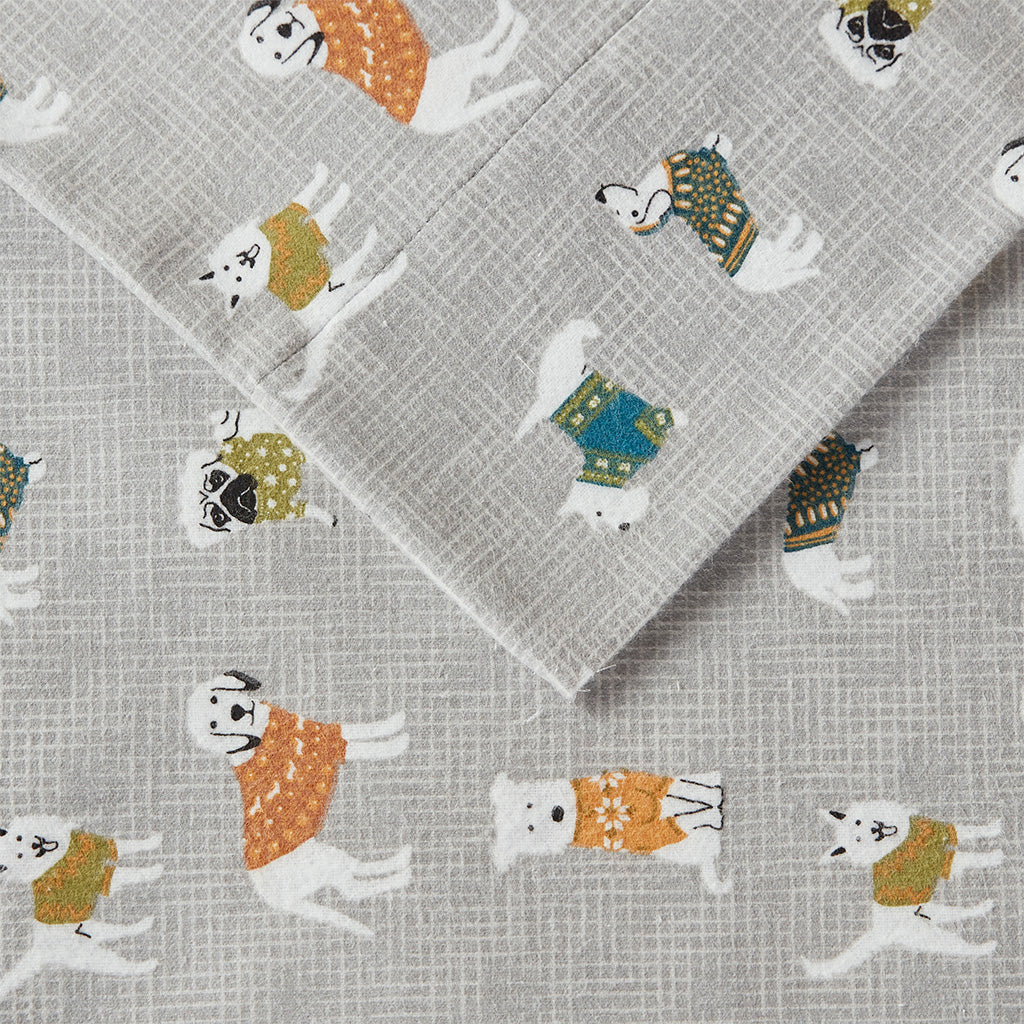 Cozy Cotton Flannel Printed Sheet Set - Grey Dogs