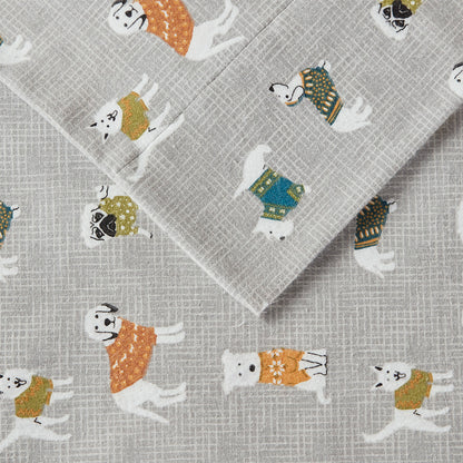 Cozy Cotton Flannel Printed Sheet Set - Grey Dogs