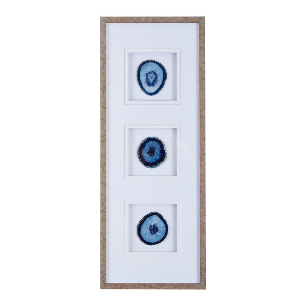 Natural Agate Trio Real Stone Framed Glass and Double Matted Wall Art - Blue