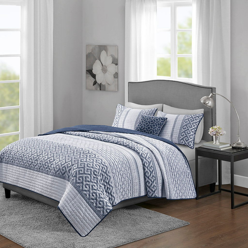 Bennett 4 Piece Jacquard Quilt Set with Throw Pillow - Navy