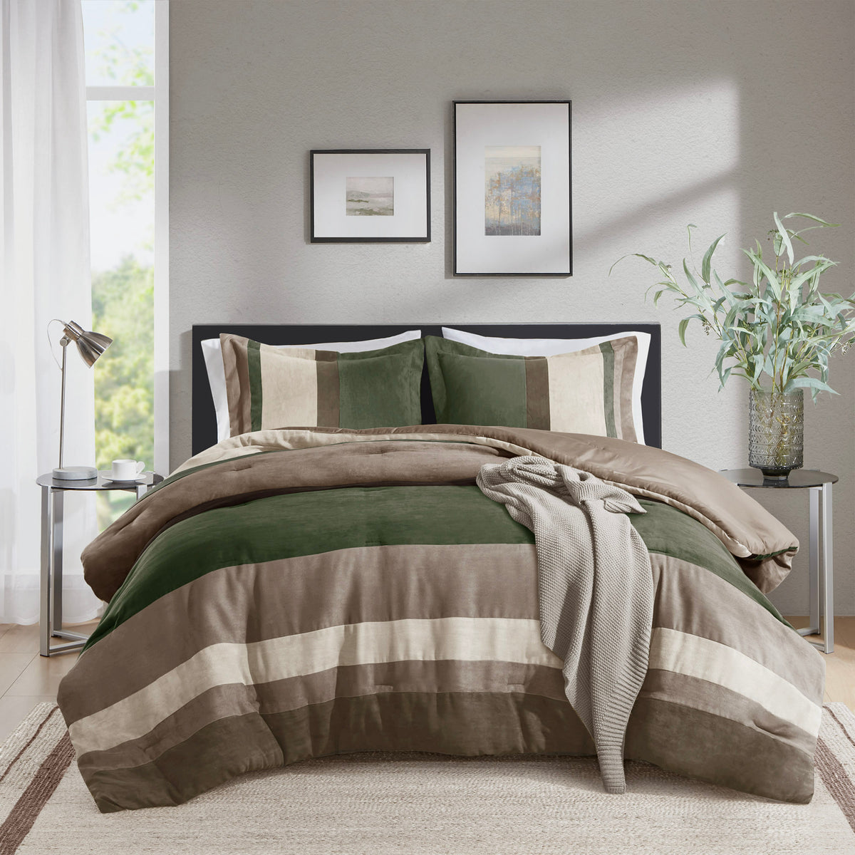 Highland Stripe Pieced Faux Suede Comforter Set - Green