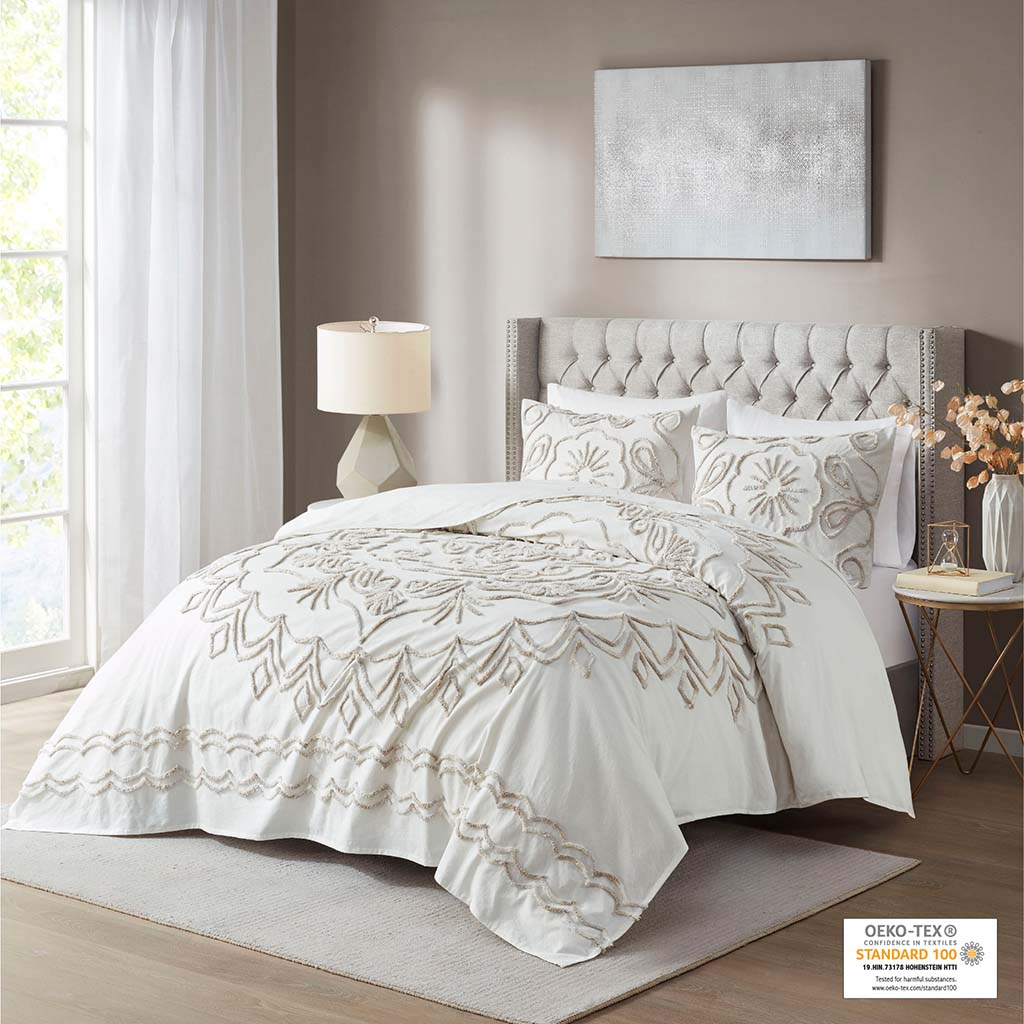 Violette 3 Piece Tufted Cotton Chenille  Coverlet Set - Ivory/Taupe