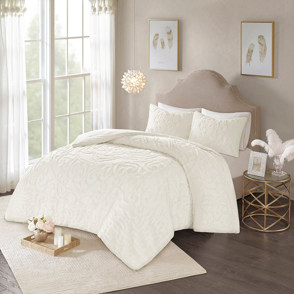 Laetitia Tufted Cotton Chenille Medallion Duvet Cover Set - Off-White
