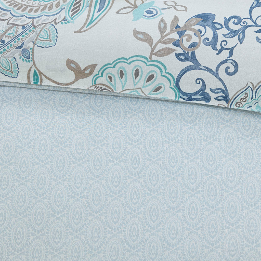 Isla 3 Piece Cotton Floral Printed Reversible Duvet Cover Set - Blue