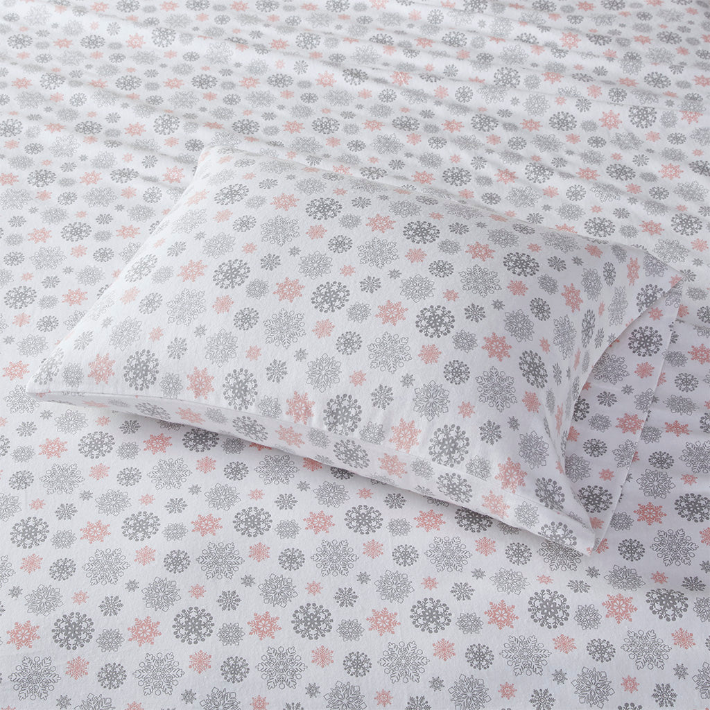 Cozy Cotton Flannel Printed Sheet Set - Pink/Grey Snowflakes