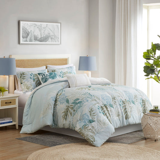 Kiawah Island 6 Piece Oversized Cotton Comforter Set with Throw Pillow - Blue