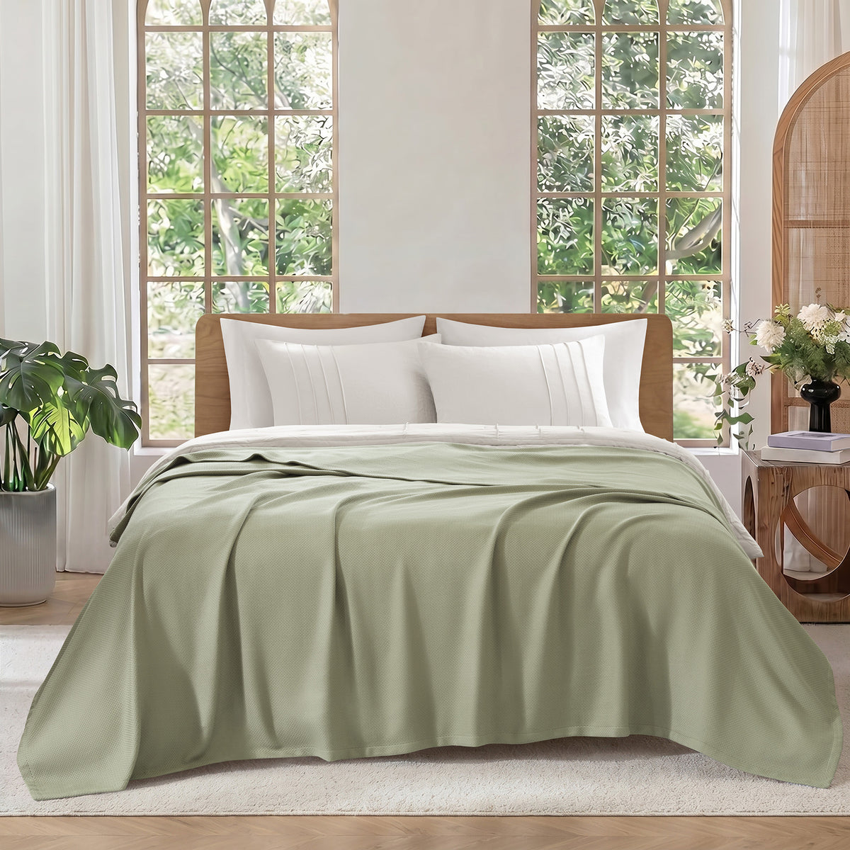 100% Certified Egyptian Cotton Blanket - Micro- herringbone Green