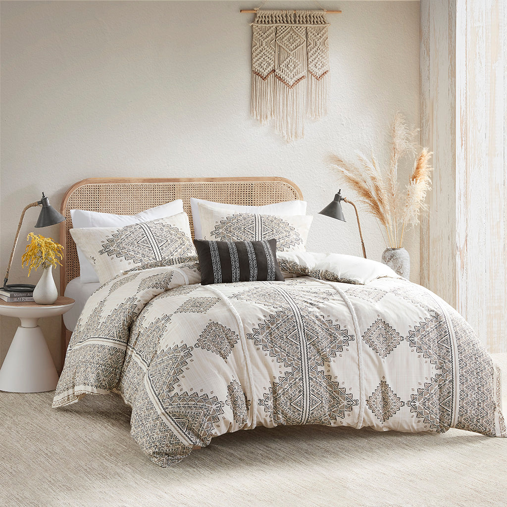 Ibiza 4 Piece Printed Duvet Cover Set with Throw Pillow - Black/Ivory