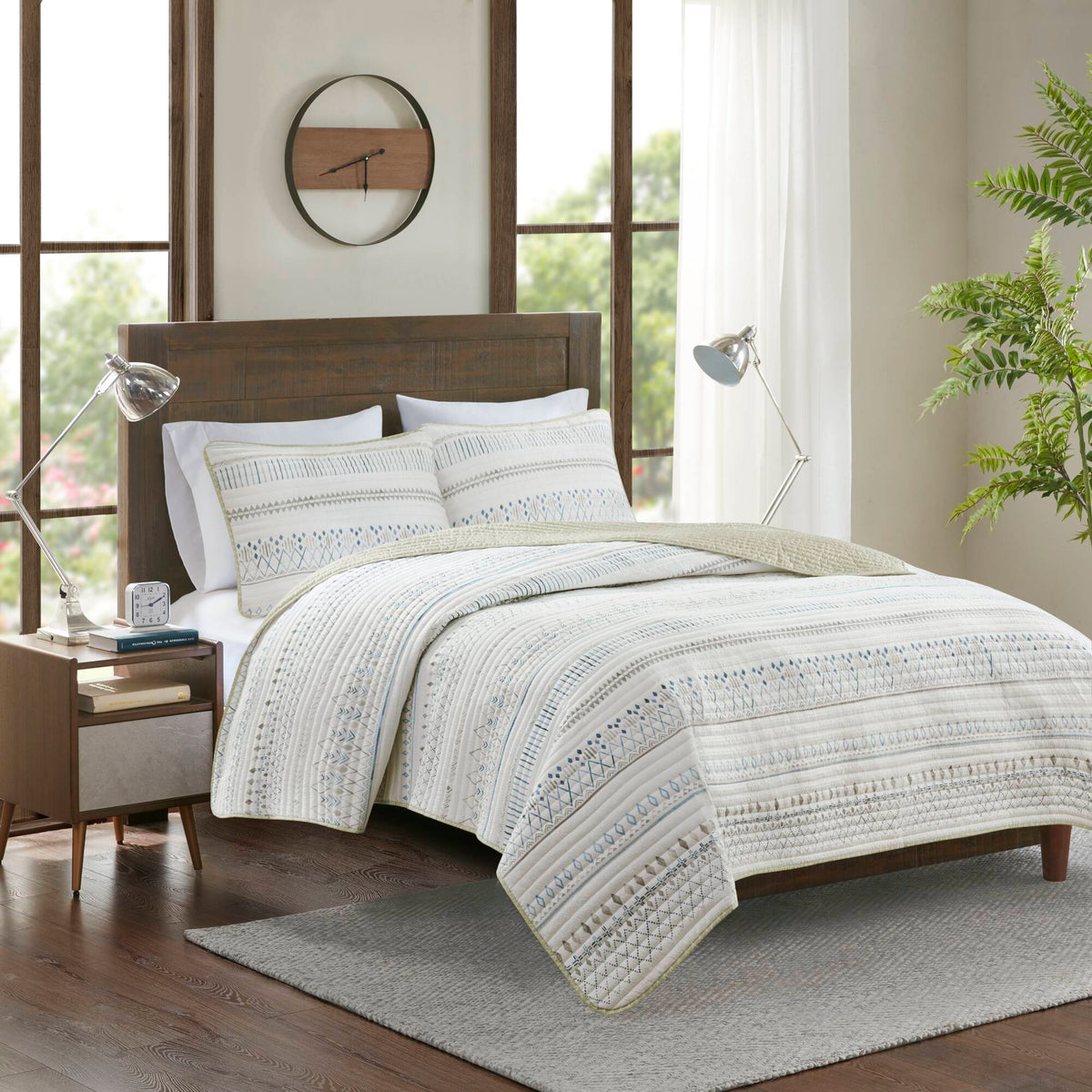 Fraser 3 Piece Printed Microfiber Seersucker Quilt Set - Taupe/Blue
