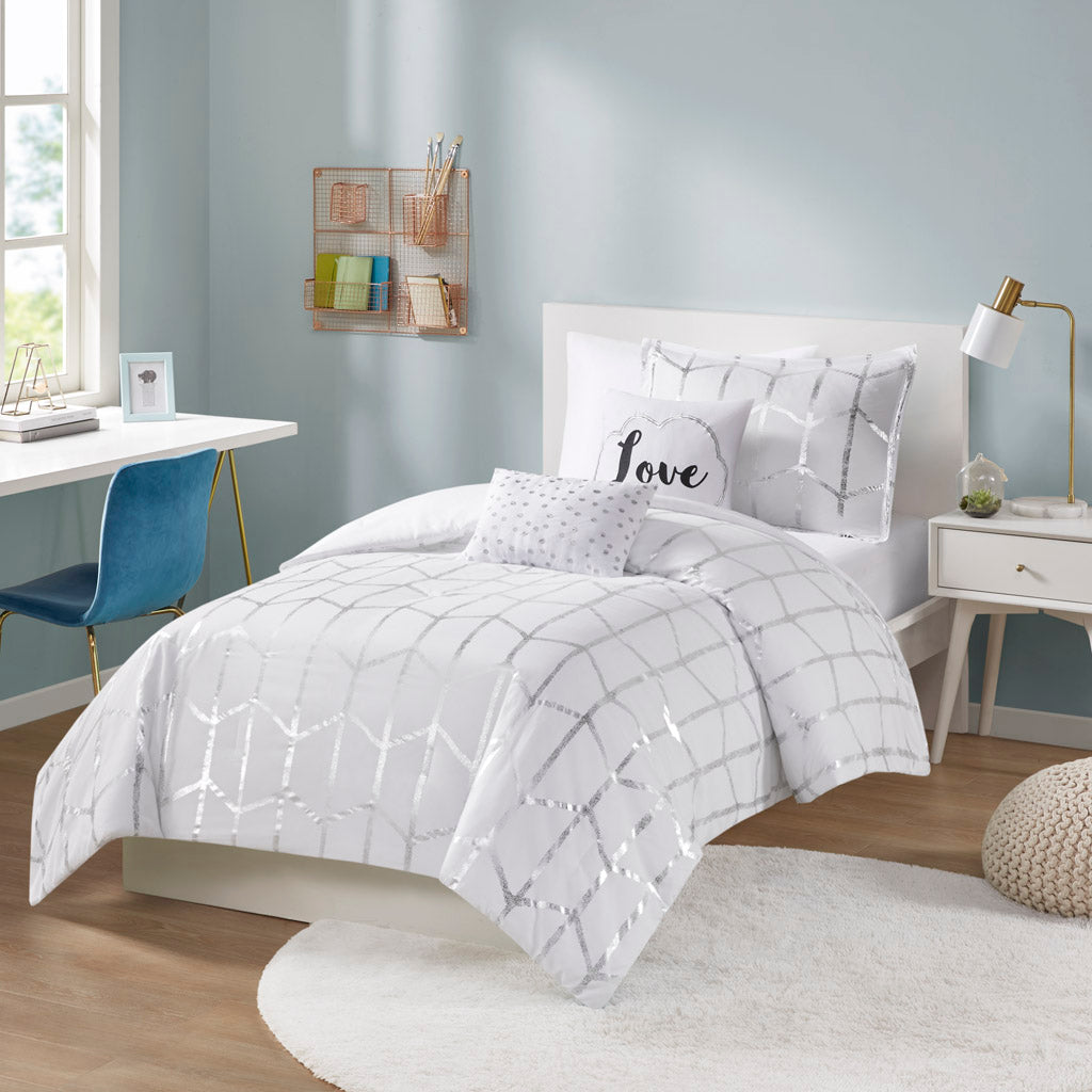 Raina Metallic Printed Comforter Set - White/Silver