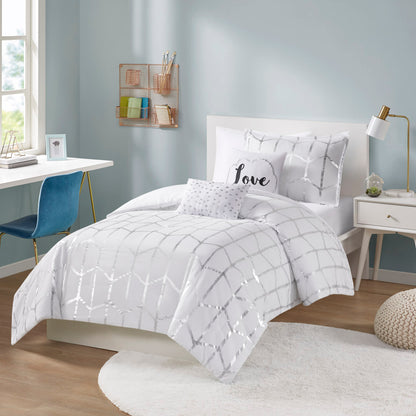 Raina Metallic Printed Comforter Set - White/Silver