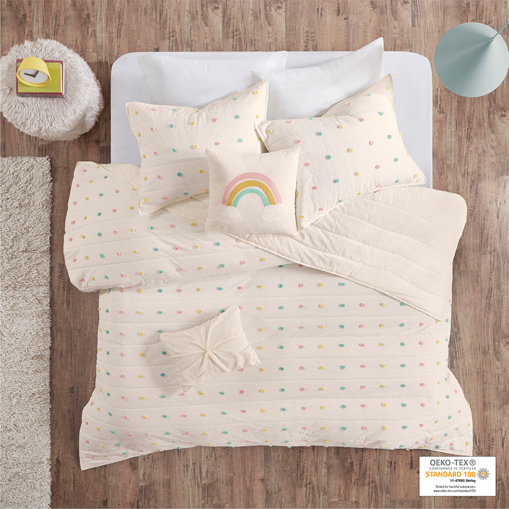 Callie Pom Pom Cotton Jacquard Quilt Set with Throw Pillows - Multi