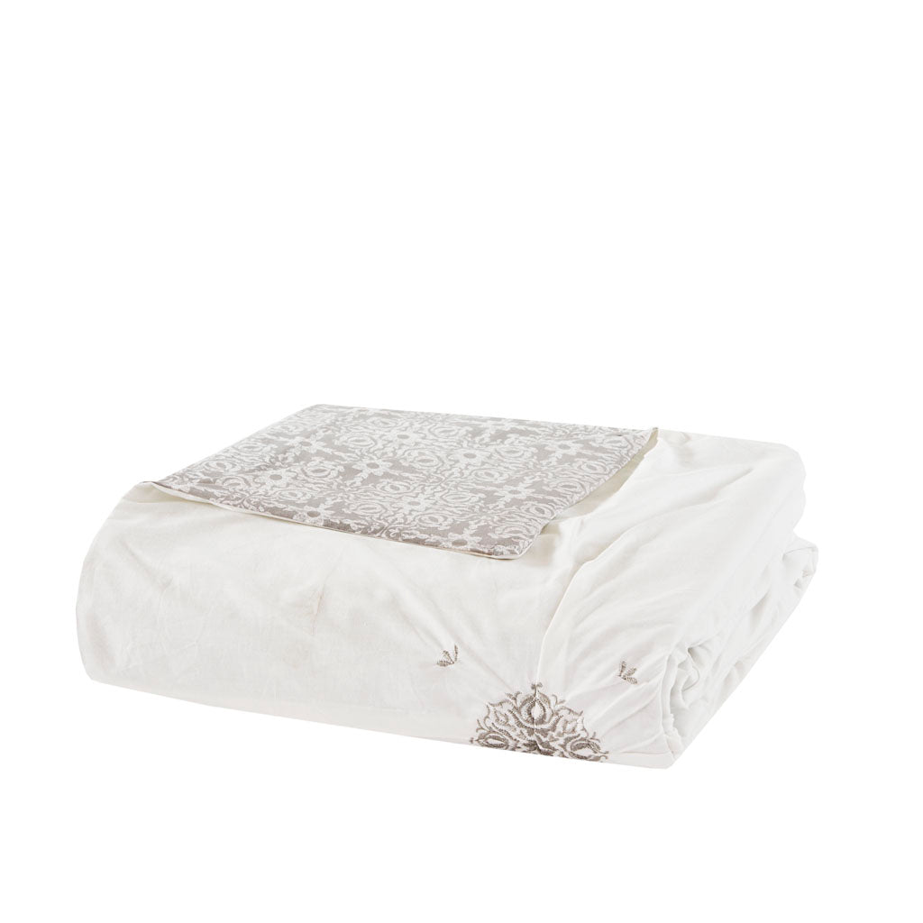 Malia 4 Piece Embroidered Cotton Reversible Duvet Cover Set - Ivory
