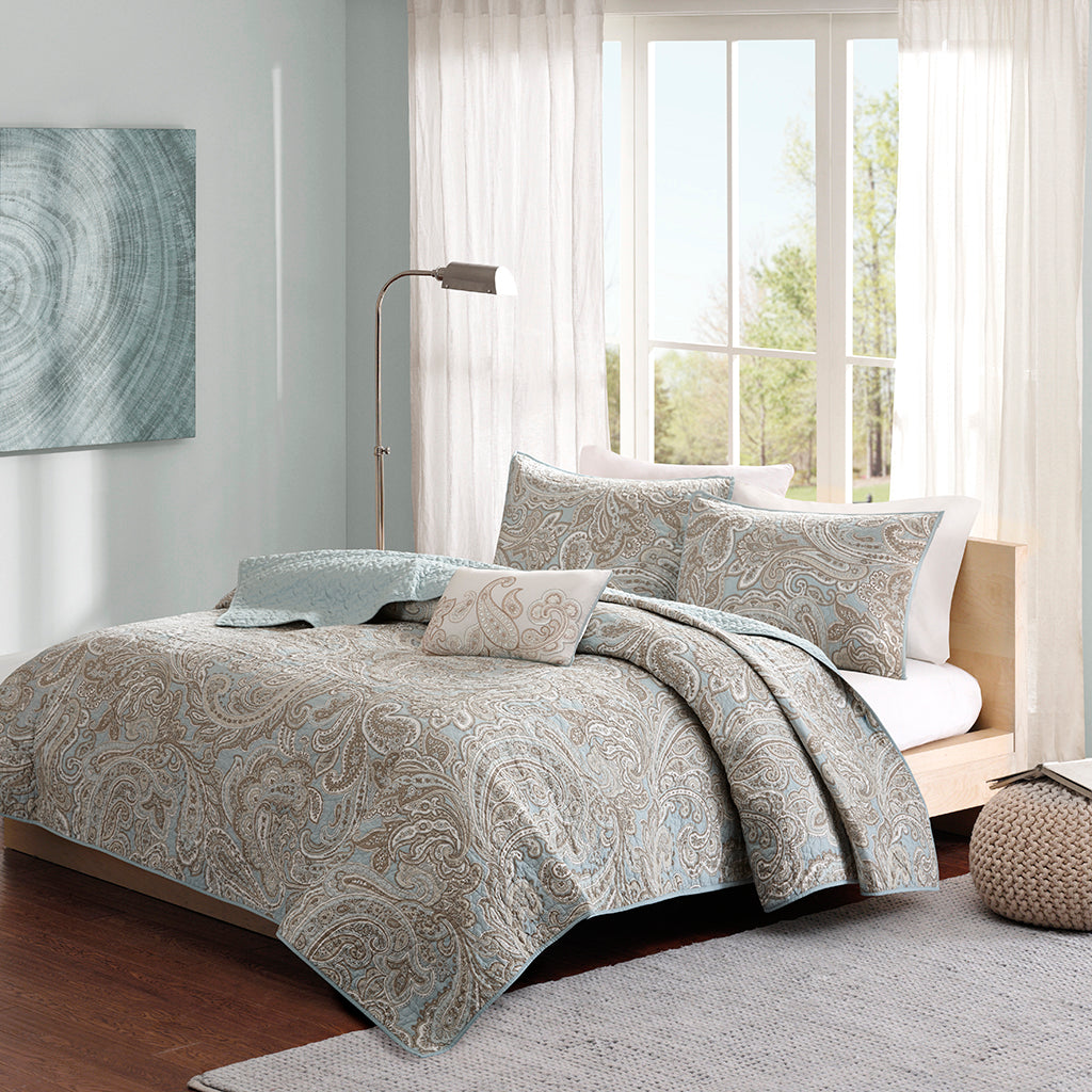Ronan 4 Piece Cotton Quilt Set with Trhow Pillow - Blue