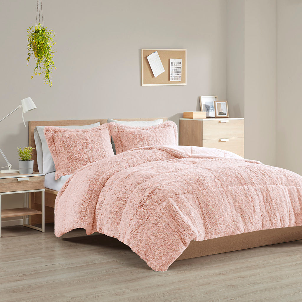 Malea Shaggy Faux Fur Comforter Mini Set - Blush