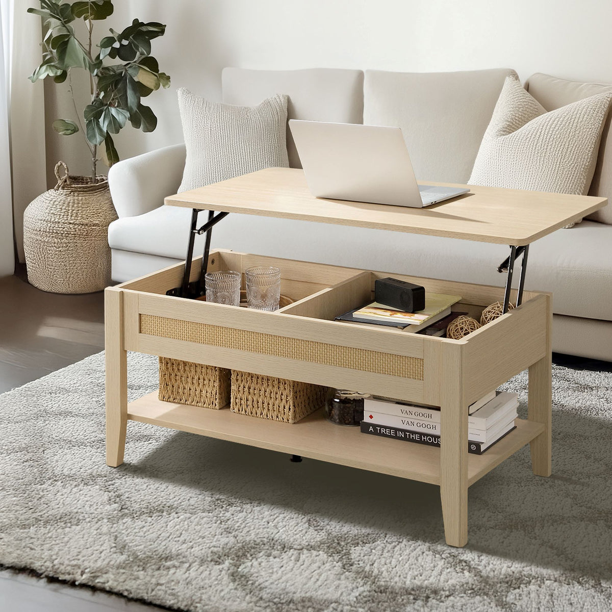 Lennox Lift-Top Rattan Coffee Table - Natural