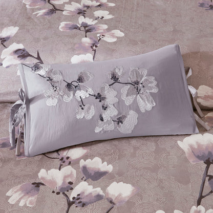 Sakura Blossom Embroidered Cotton Oblong Decorative Pillow - Lilac