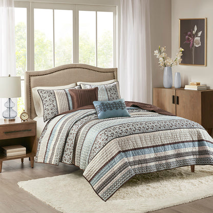 Princeton 5 Piece Jacquard Quilt Set with Throw Pillows - Blue