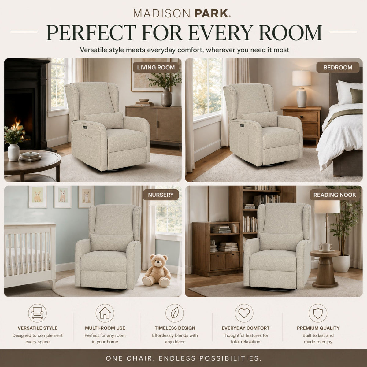 Candace Power Recliner 3-in-1 with Swivel, Glider, Charging Station - Beige