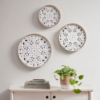 Medallion Trio Distressed White Floral 3-piece Carved Wood Wall Decor Set - Natural/White