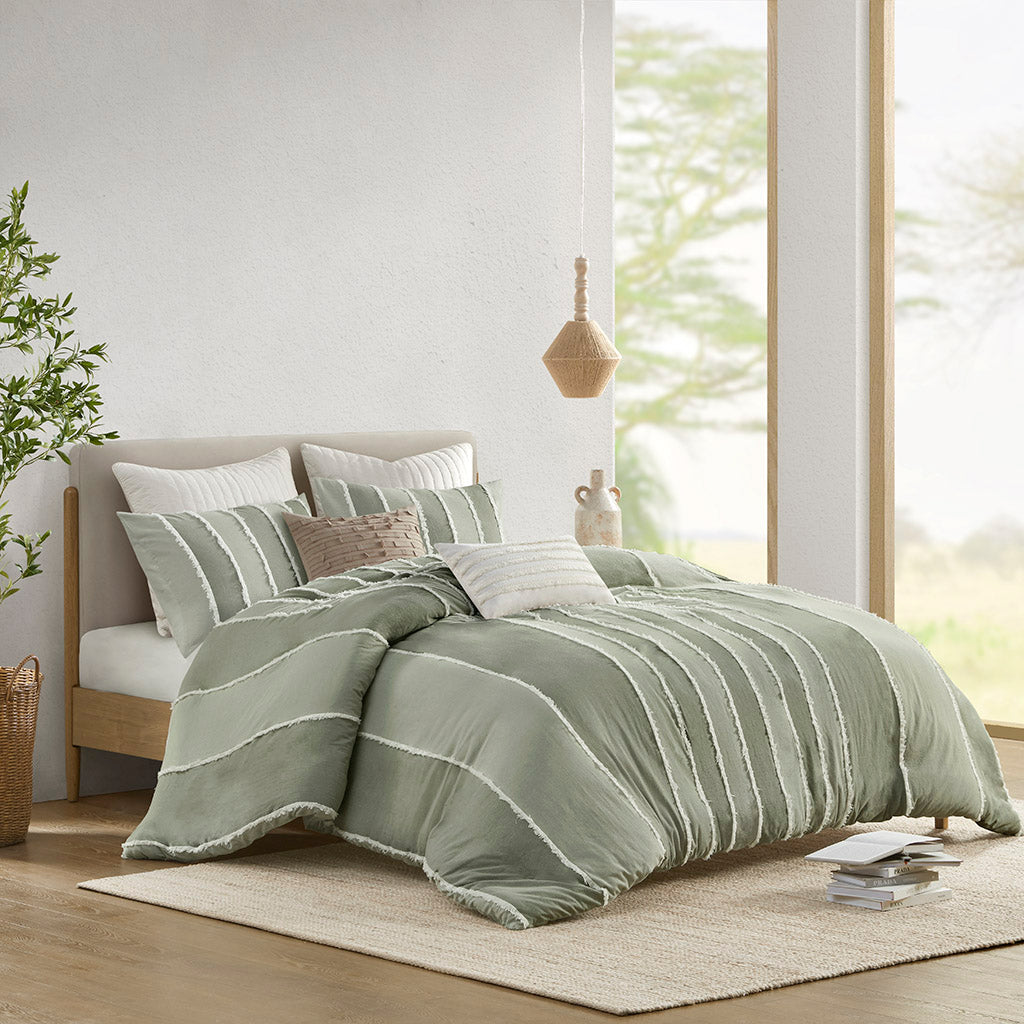 Shay 3 Piece Striped Cotton Duvet Cover Set - Sage