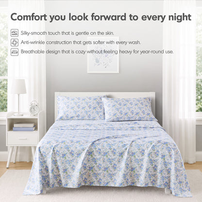 Printed Microfiber Sheet Set - Blue Floral