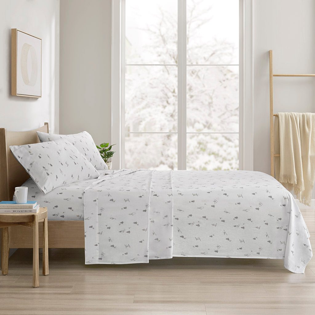 Cozy Cotton Flannel Printed Sheet Set - Gray Skiers