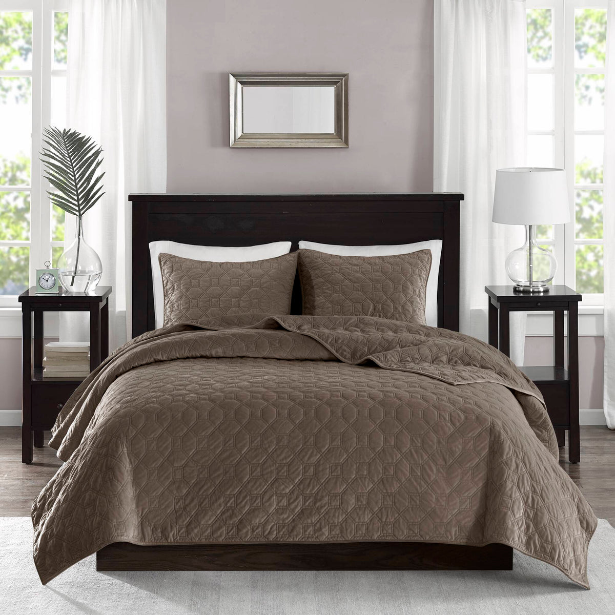 Harper 3 Piece Velvet Quilt Set - Taupe