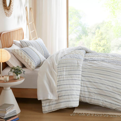 Imani Cotton Printed Duvet Cover Set with Chenille - White/Navy