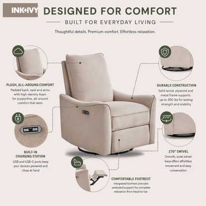 Cameron Power Recliner 3-in-1 with Swivel, Glider, Charging Station - Beige